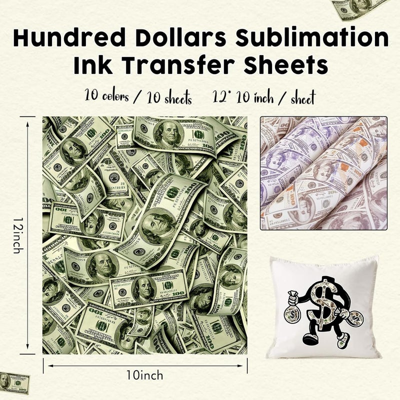 HTVSTD Money Sublimation Ink Transfer Sheets 10 Sheets 12inches * 10inches Hundred Dollars Patterned Sublimation Paper Multicolor Cash Patterned Transfer Sheets for Mugs Tumblers DIY Transfer Paper - Image 3